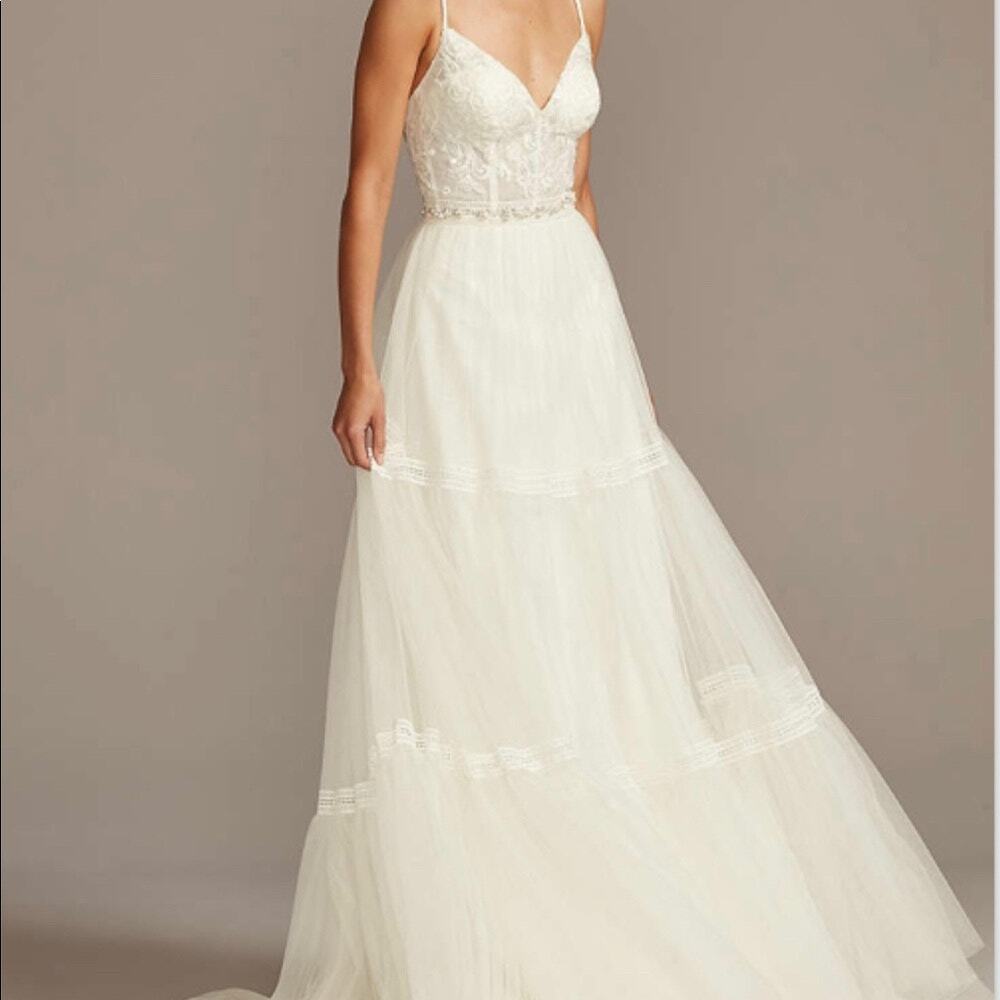 MELISSA SWEET Corset Bodice Tiered Chiffon A-Line Wedding Dress Size 6 Ivory